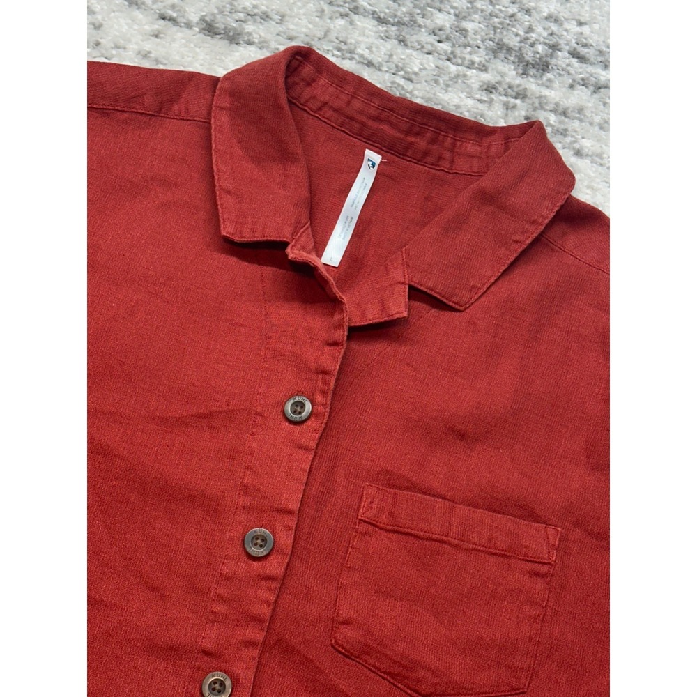 KUHL Button Down Shirt Women Large Red Short Sleeve Hemp Cotton Boxy Top